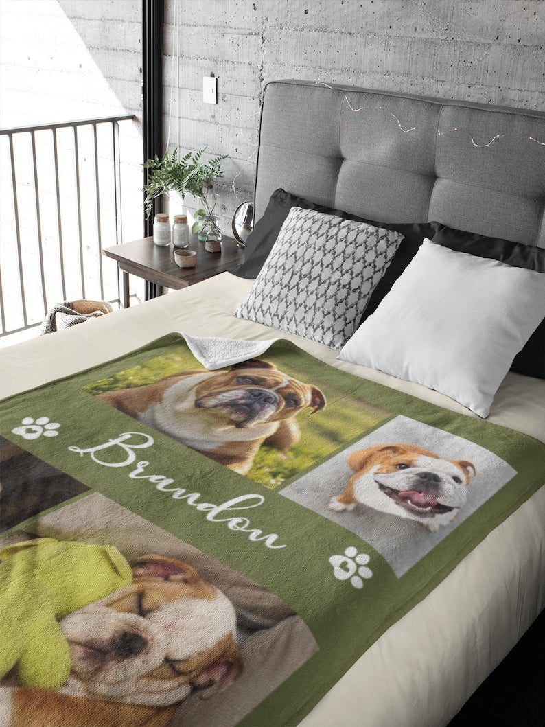 Custom Pet Photo Blanket, Personalized Dog Picture Throw, Pet Memorial Gift With Name, Dog Lover Keepsake Gift, Cat Photo Collage Blanket