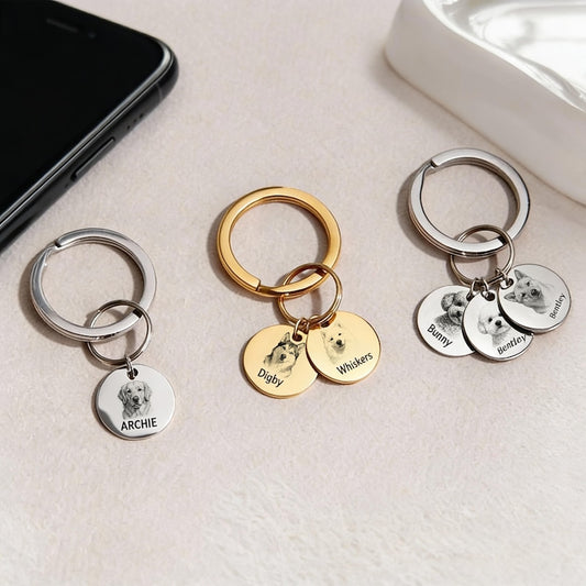 Personalized Dog and Cat Memorial Tag,Engraved Pet Portrait Keychain, Stainless Steel Custom Sketch Keyring, Christmas gift for Pet Owners