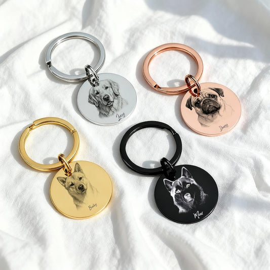 Custom Engraved Pet Portrait Keychain,Personalized Dog and Cat Image Memorial Tag,Stainless Steel Sketch Keyring,Unique Gift for Pet Lovers