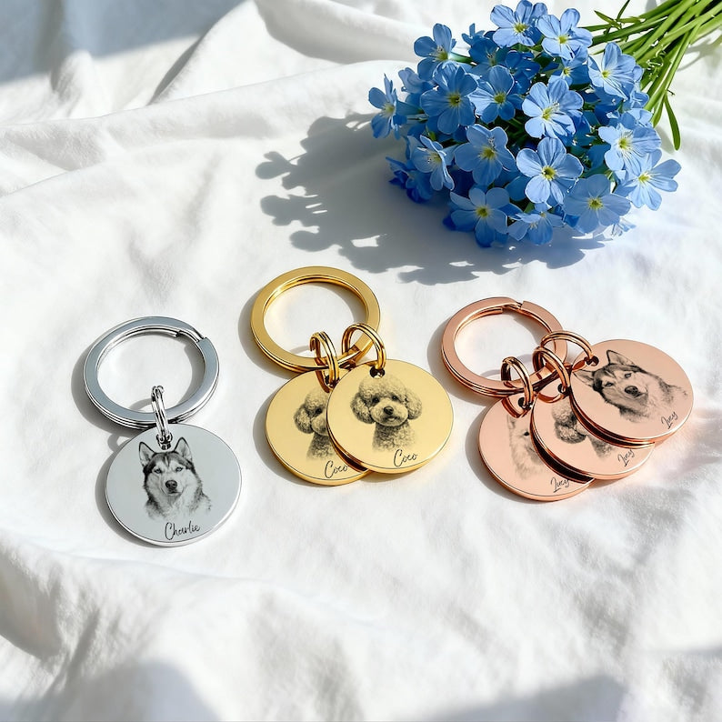 Custom Engraved Pet Portrait Keychain,Personalized Dog and Cat Image Memorial Tag,Stainless Steel Sketch Keyring,Unique Gift for Pet Lovers