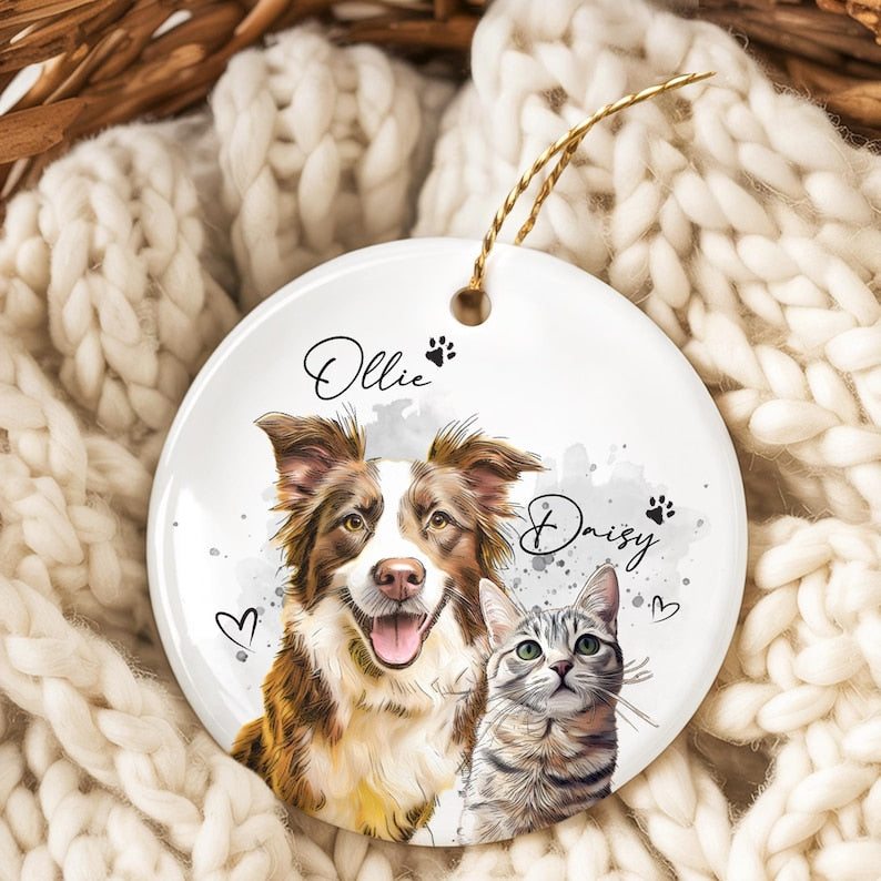Custom Dog Photo Christmas Ornament 2025, Pet Watercolor Portrait Ornament, Cat Lover Gift