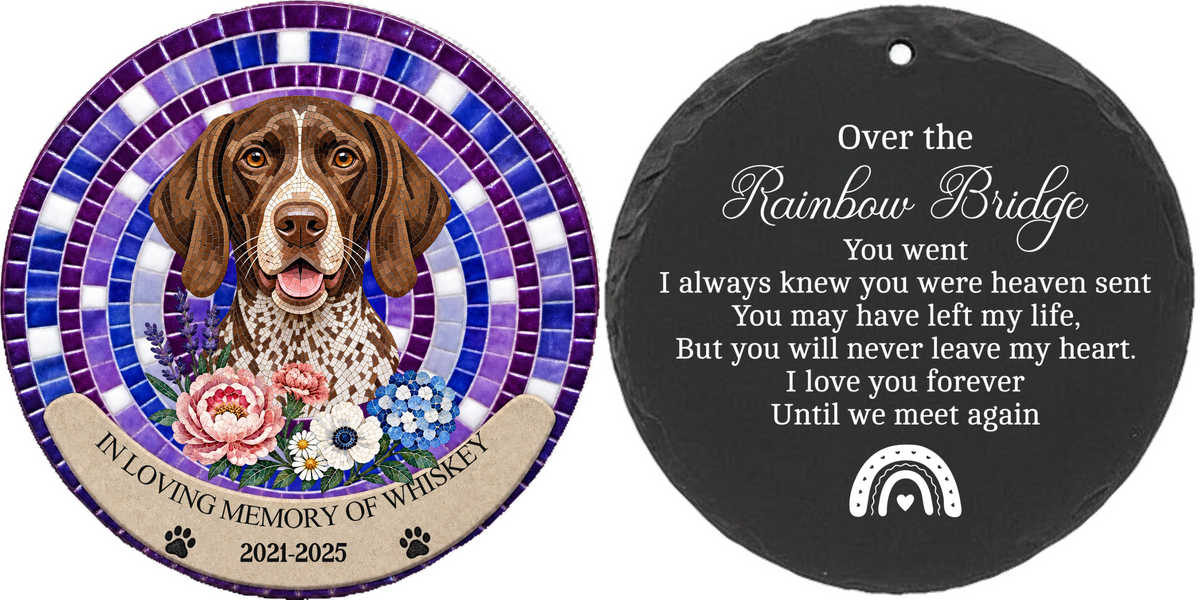 Custom Pet Mosaic example — WHISKEY, purple background, front artwork and reverse quote