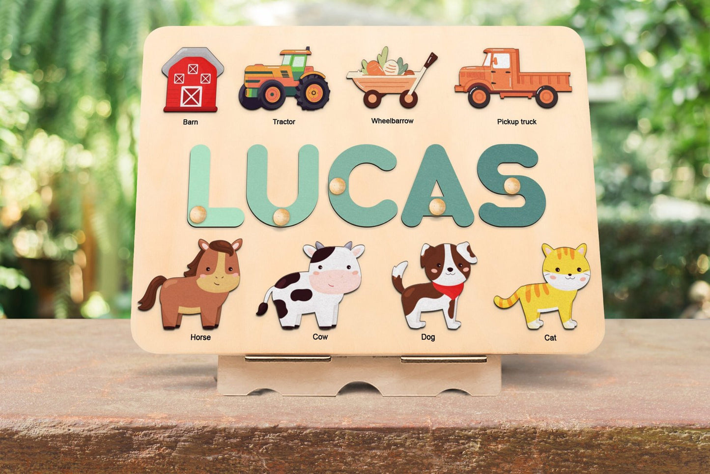Farm animal name puzzle with pegs