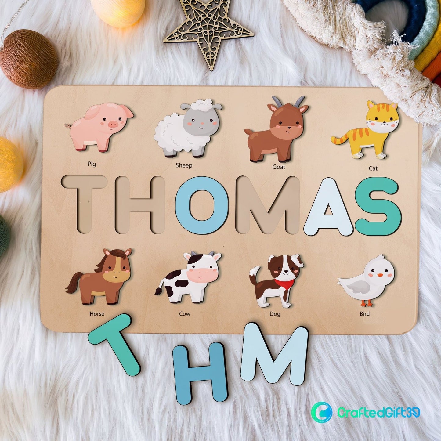 Farm animal name puzzle with pegs