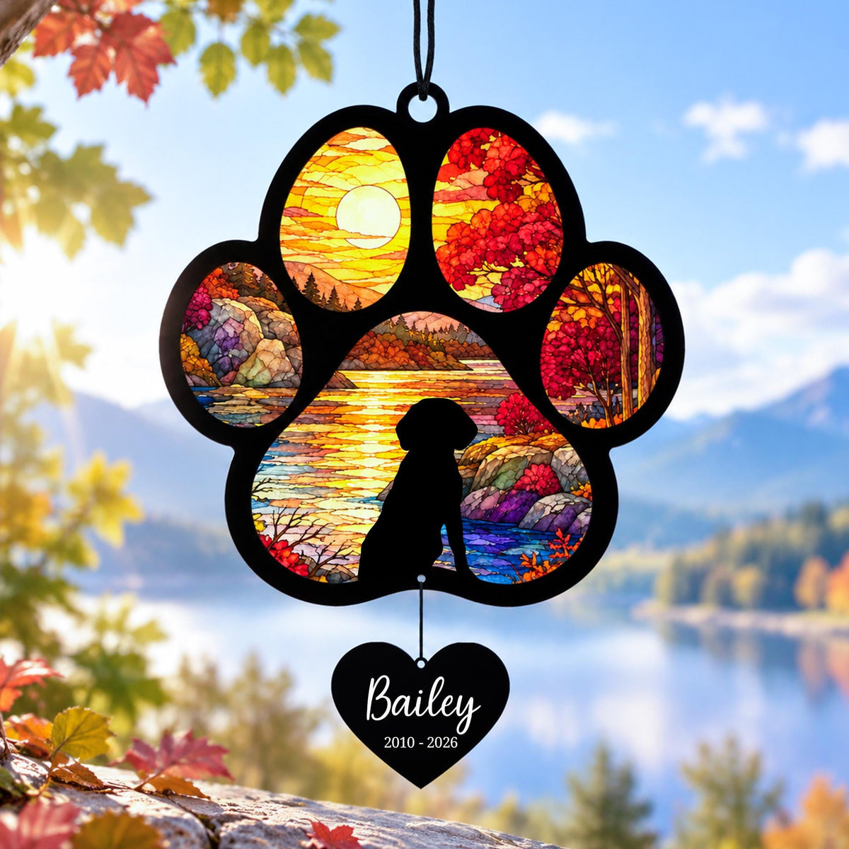 Beagle Memorial Suncatcher, Custom Sunset Pet Sympathy Ornament, Personalized Beagle Silhouette, Rai
