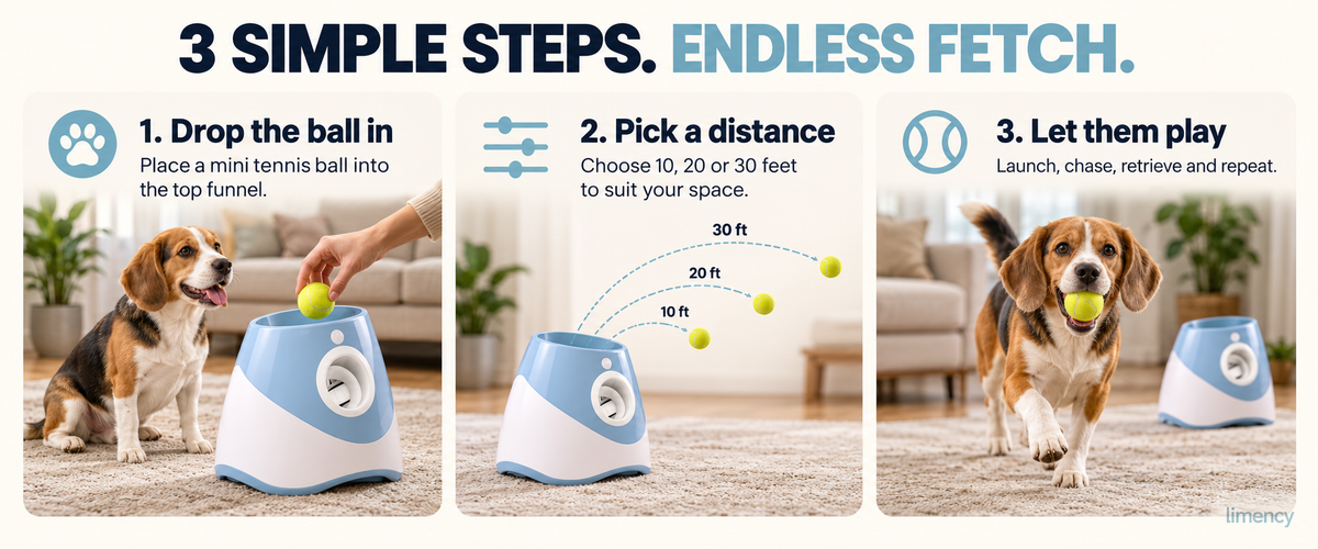 Three simple steps: drop the ball into the top funnel, choose 10, 20 or 30 feet, then launch, chase, retrieve and repeat.