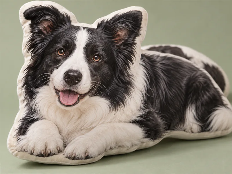Border Collie-shaped pillow showing detailed markings and a stitched edge.