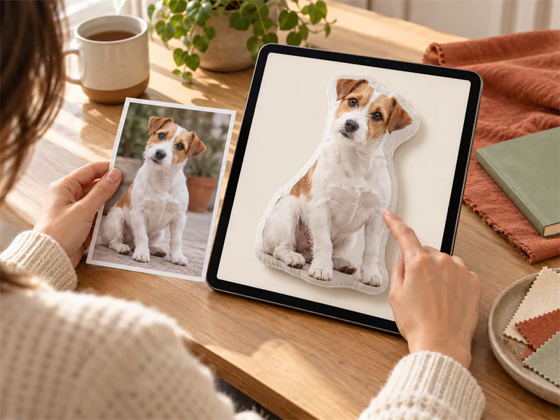 Person compares a Jack Russell photo with its pillow preview on a tablet.