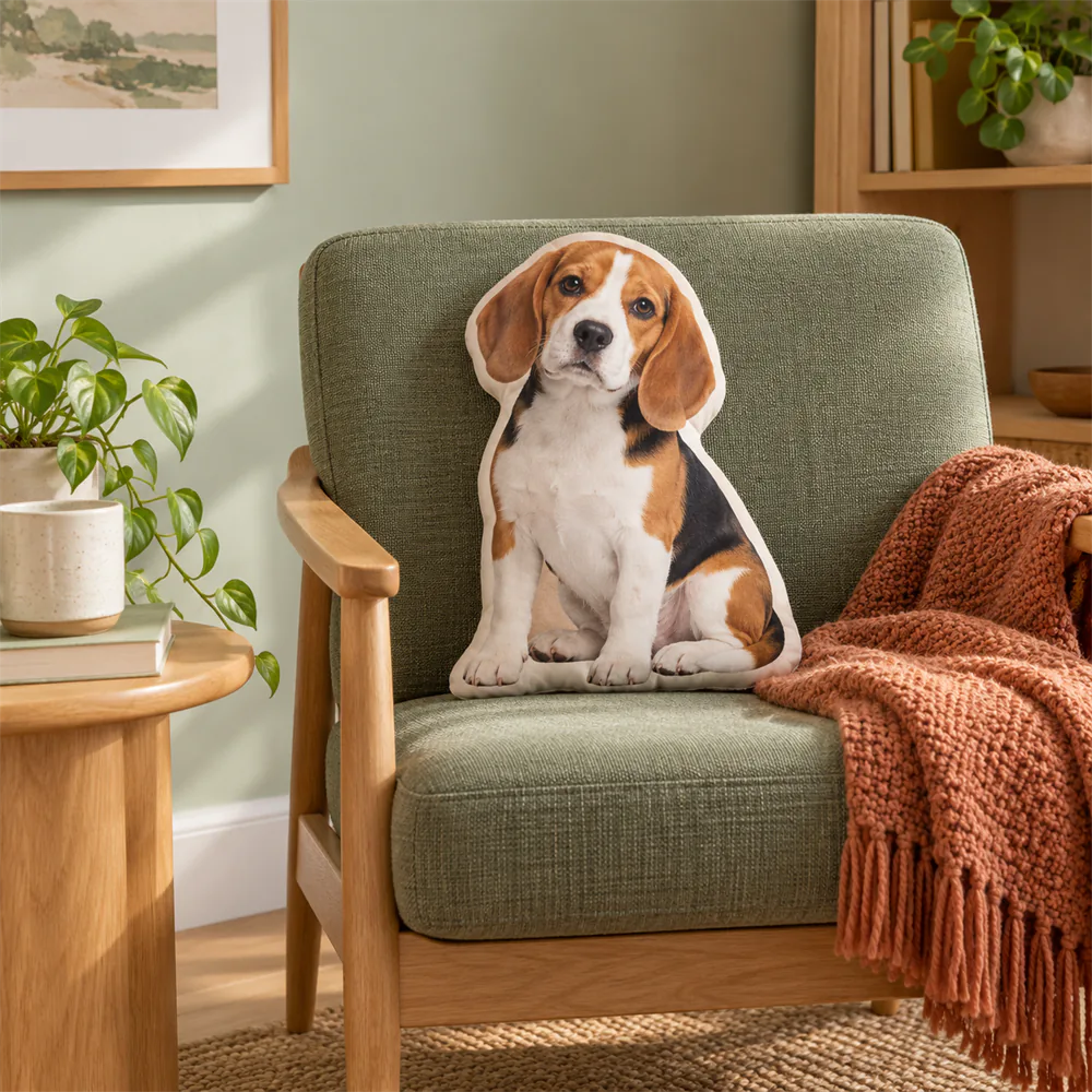 Small Beagle-shaped pillow sits on a sage reading chair.