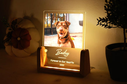 Personalized Pet Picture Acrylic Wooden Night Light - Custom Engraved LED Photo Light Frame Memorial - In Memory Of Cat Dog Keepsake Gift