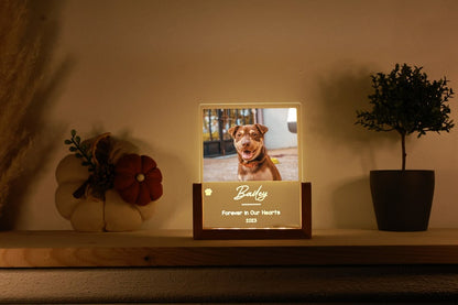Personalized Pet Picture Acrylic Wooden Night Light - Custom Engraved LED Photo Light Frame Memorial - In Memory Of Cat Dog Keepsake Gift