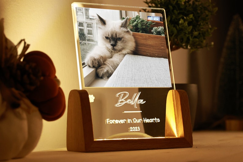 Personalized Pet Picture Acrylic Wooden Night Light - Custom Engraved LED Photo Light Frame Memorial - In Memory Of Cat Dog Keepsake Gift