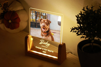 Personalized Pet Picture Acrylic Wooden Night Light - Custom Engraved LED Photo Light Frame Memorial - In Memory Of Cat Dog Keepsake Gift