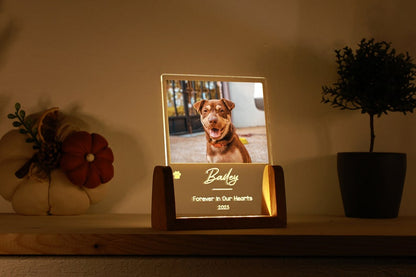 Personalized Pet Picture Acrylic Wooden Night Light - Custom Engraved LED Photo Light Frame Memorial - In Memory Of Cat Dog Keepsake Gift