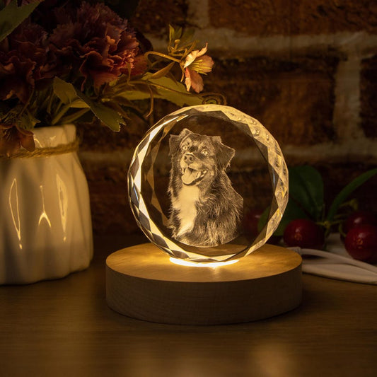 Personalised Round Crystal Engraved Pet Photo LED Light, Custom Round Crystal 2D Portrait Engraving, Pet Portrait in Crystal, Pet Loss Gift