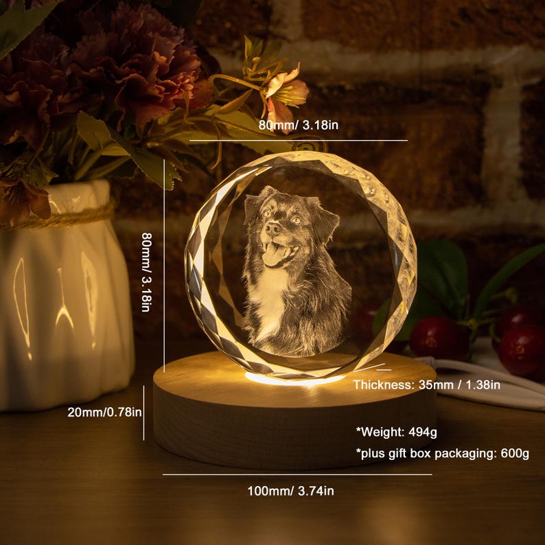 Personalised Round Crystal Engraved Pet Photo LED Light, Custom Round Crystal 2D Portrait Engraving, Pet Portrait in Crystal, Pet Loss Gift