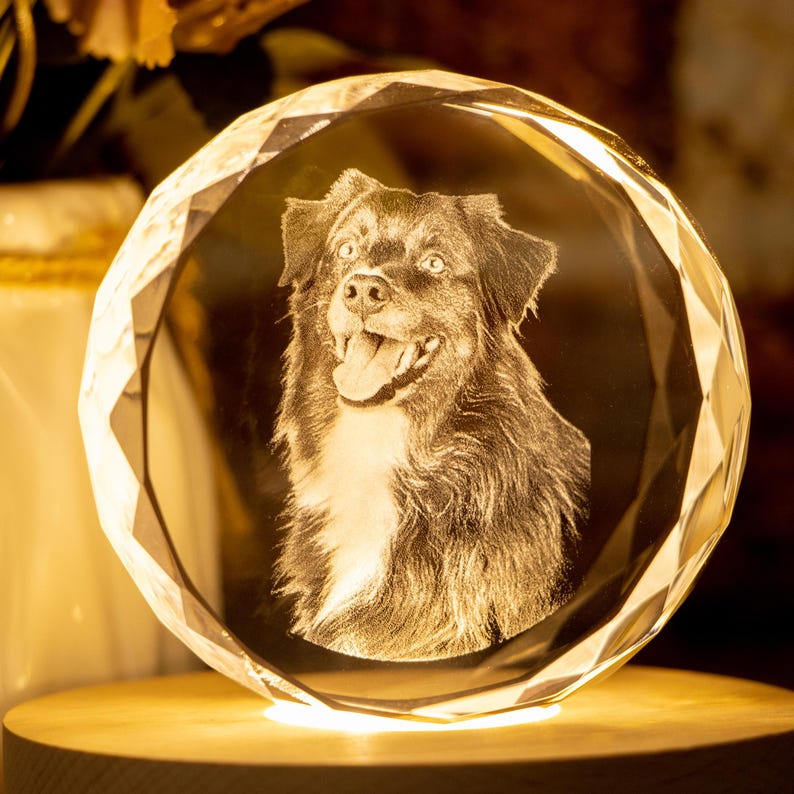 Personalised Round Crystal Engraved Pet Photo LED Light, Custom Round Crystal 2D Portrait Engraving, Pet Portrait in Crystal, Pet Loss Gift