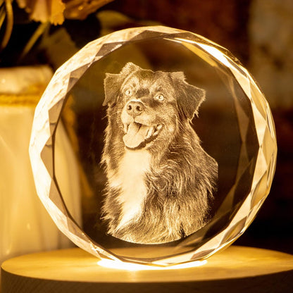 Personalised Round Crystal Engraved Pet Photo LED Light, Custom Round Crystal 2D Portrait Engraving, Pet Portrait in Crystal, Pet Loss Gift