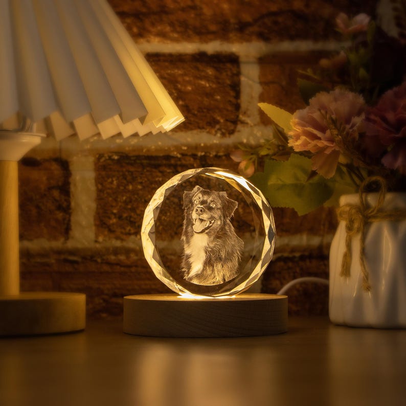 Personalised Round Crystal Engraved Pet Photo LED Light, Custom Round Crystal 2D Portrait Engraving, Pet Portrait in Crystal, Pet Loss Gift