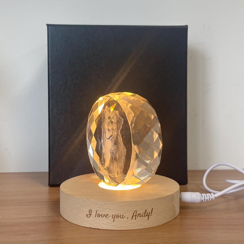 Personalised Round Crystal Engraved Pet Photo LED Light, Custom Round Crystal 2D Portrait Engraving, Pet Portrait in Crystal, Pet Loss Gift