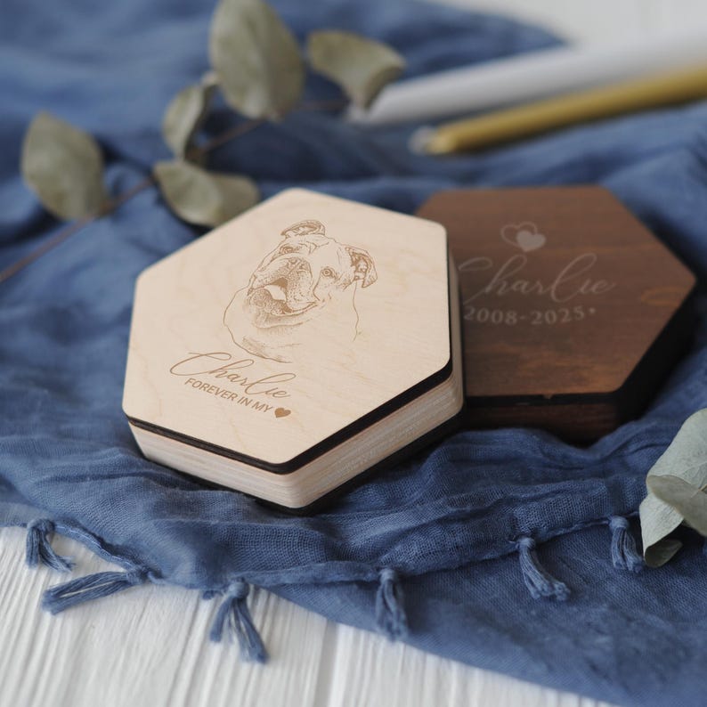 Engraved Pet Photo Fur Keepsake Box, Personalized Dog Cat Portrait Gift, Pet Hair Keepsake Box for Pet Lovers