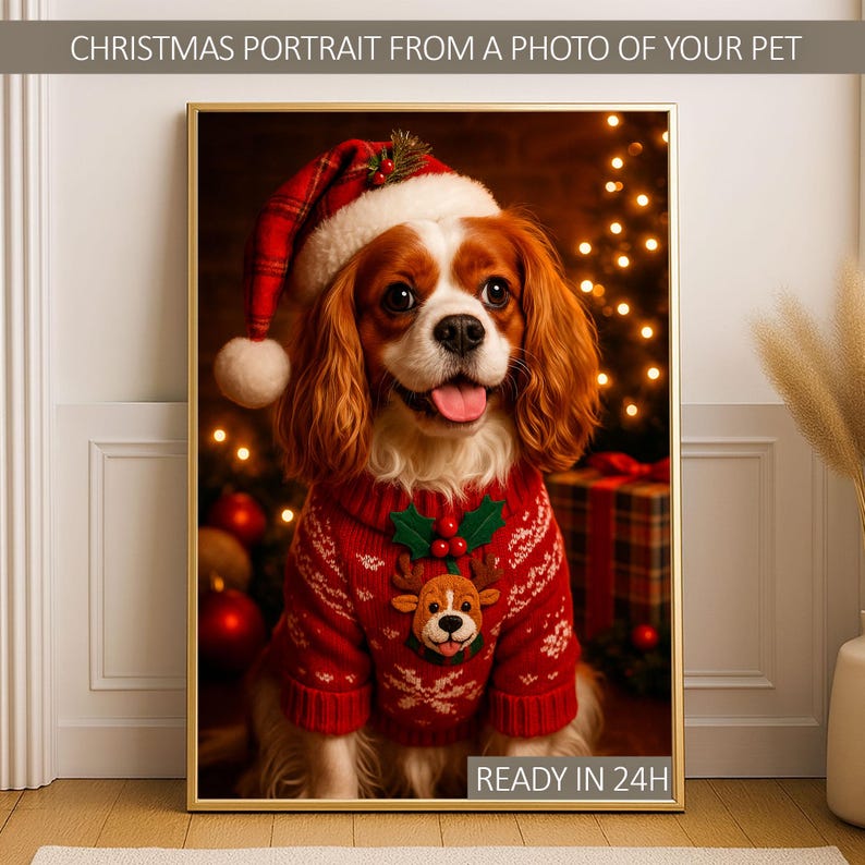 Christmas Pet Portrait from Photo – Custom Pet Portrait Digital Art, Personalized Holiday Pet Gift, Festive Wall Decor