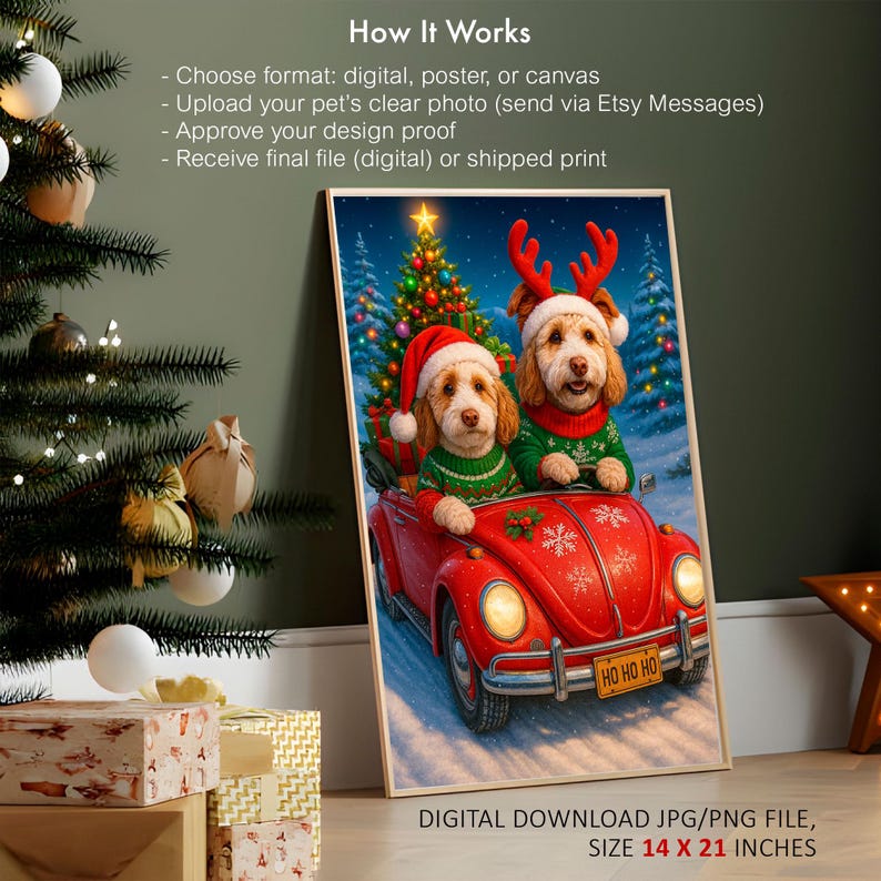 Christmas Pet Portrait from Photo – Custom Pet Portrait Digital Art, Personalized Holiday Pet Gift, Festive Wall Decor
