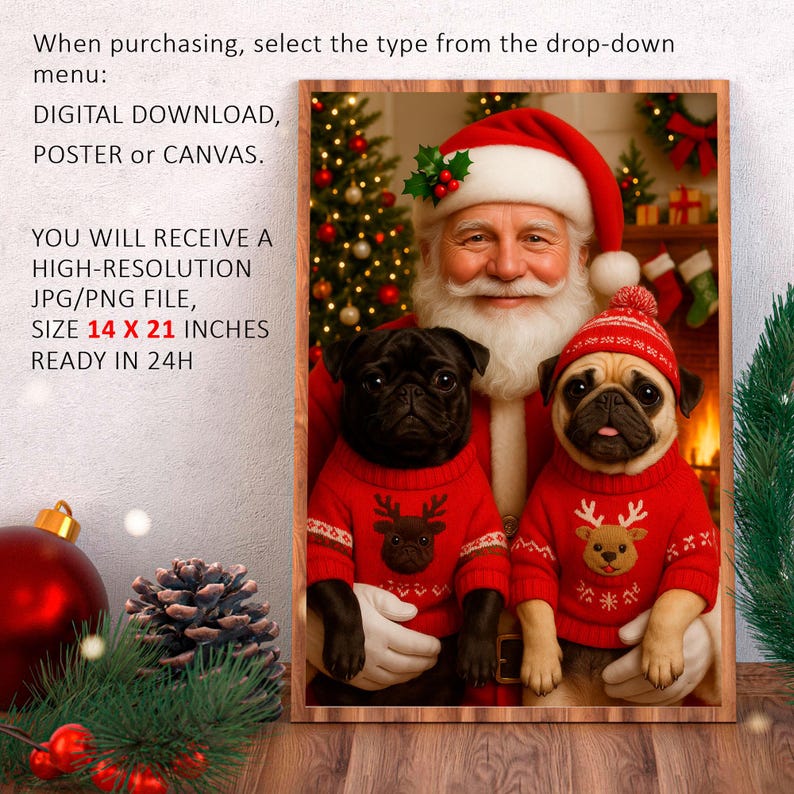 Christmas Pet Portrait from Photo – Custom Pet Portrait Digital Art, Personalized Holiday Pet Gift, Festive Wall Decor