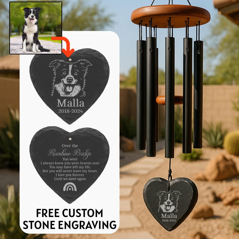 Personalized Pet Memorial Wind Chime with Engraved Photo, Custom Dog or Cat Loss Gift, Heart or Round Stone Sail Sympathy Remembrance Gift