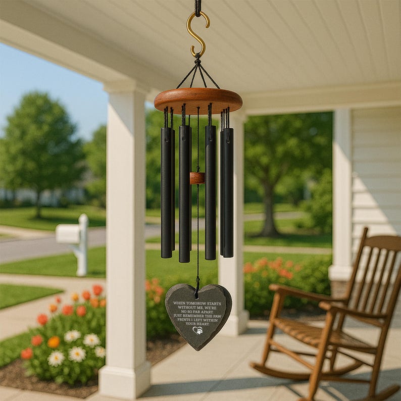 Personalized Pet Memorial Wind Chime with Engraved Photo, Custom Dog or Cat Loss Gift, Heart or Round Stone Sail Sympathy Remembrance Gift