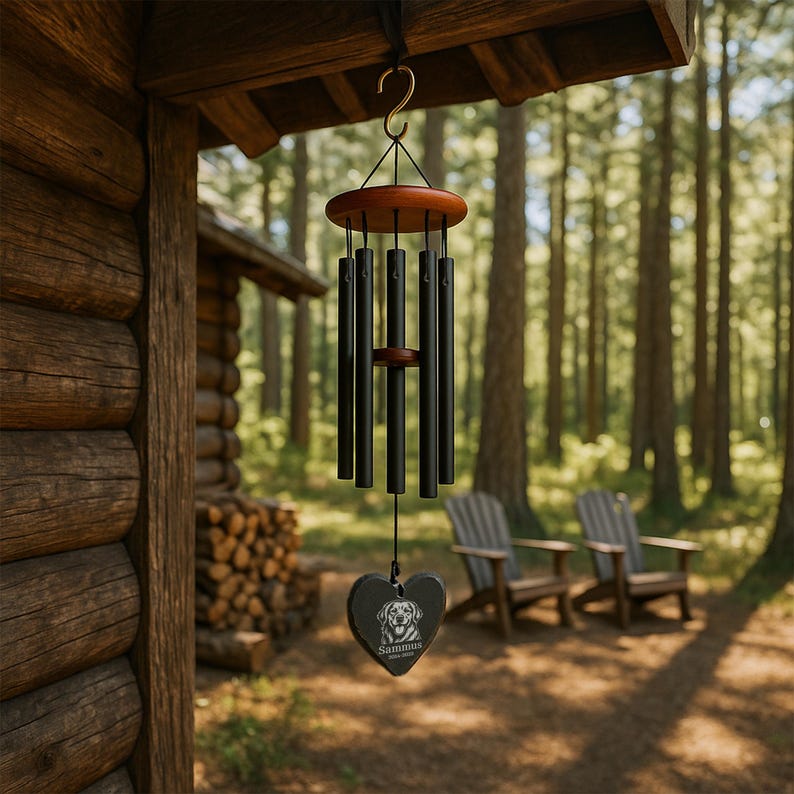Personalized Pet Memorial Wind Chime with Engraved Photo, Custom Dog or Cat Loss Gift, Heart or Round Stone Sail Sympathy Remembrance Gift