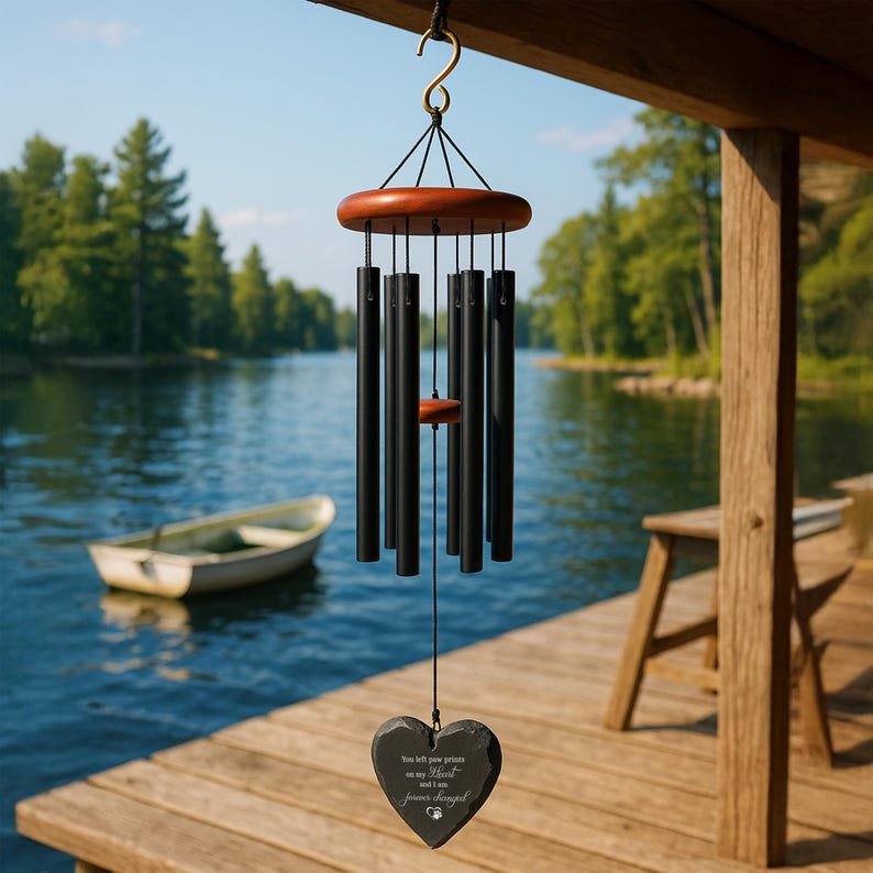 Personalized Pet Memorial Wind Chime with Engraved Photo, Custom Dog or Cat Loss Gift, Heart or Round Stone Sail Sympathy Remembrance Gift