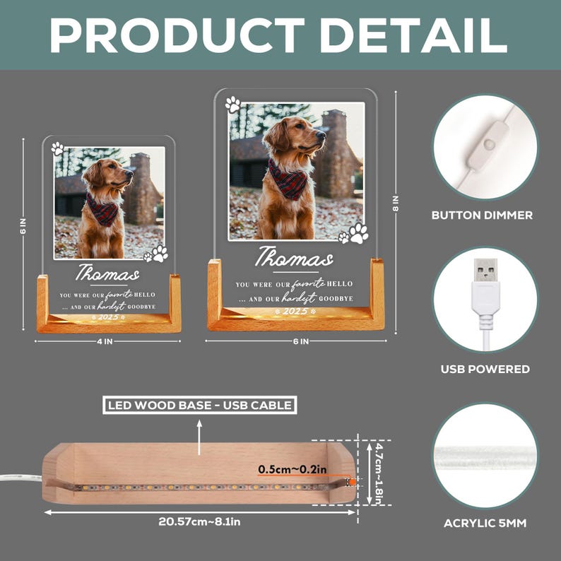 Personalized Pet Memorial LED Night Light, Custom Photo Pet Lover Night Light, Dog Keepsake Gift, Dog Memorial Gift, Custom Dog Photo Gifts