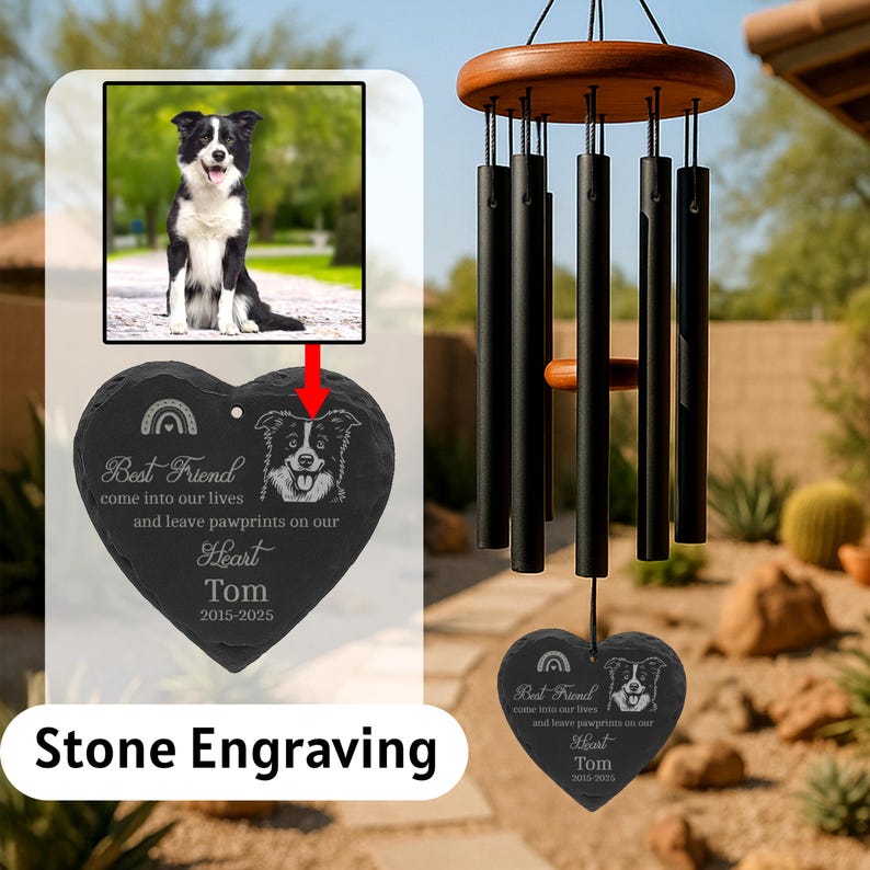 Custom Pet Memorial Wind Chime with Engraved Photo & Name – Personalized Dog or Cat Loss Gift – Heart or Round Stone Sail Keepsake