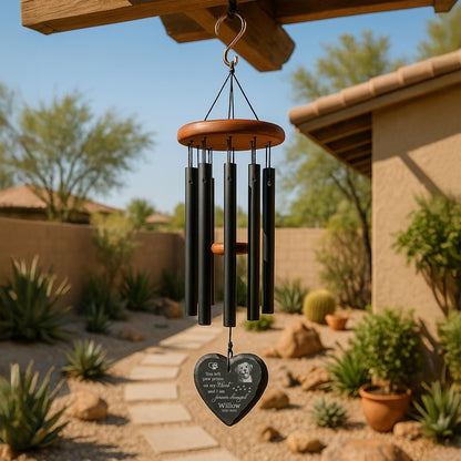 Custom Pet Memorial Wind Chime with Engraved Photo & Name – Personalized Dog or Cat Loss Gift – Heart or Round Stone Sail Keepsake