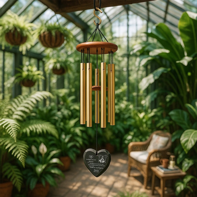 Custom Pet Memorial Wind Chime with Engraved Photo & Name – Personalized Dog or Cat Loss Gift – Heart or Round Stone Sail Keepsake