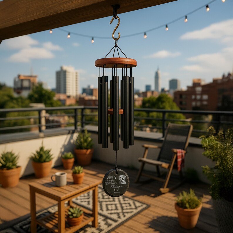 Custom Pet Memorial Wind Chime with Engraved Photo & Name – Personalized Dog or Cat Loss Gift – Heart or Round Stone Sail Keepsake