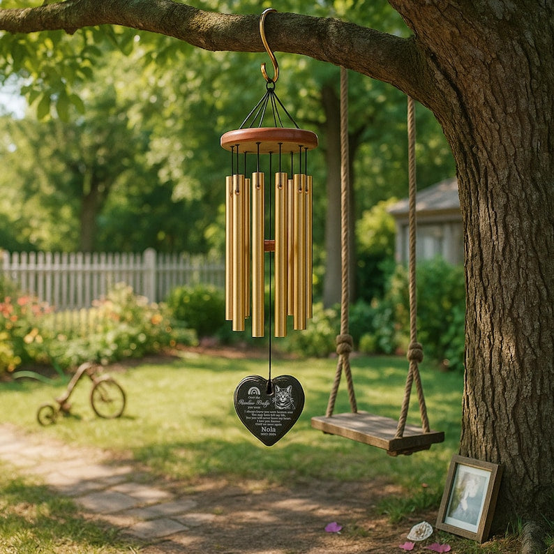 Custom Pet Memorial Wind Chime with Engraved Photo & Name – Personalized Dog or Cat Loss Gift – Heart or Round Stone Sail Keepsake