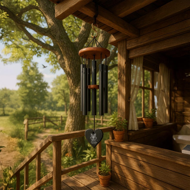 Custom Engraved Pet Memorial Wind Chime with Photo, Personalized Dog or Cat Loss Gift, Heart or Round Stone Sail Tribute Keepsake for Owners