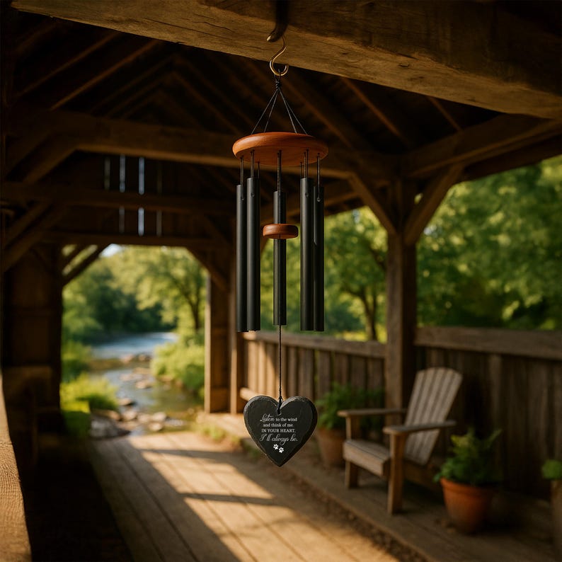 Custom Engraved Pet Memorial Wind Chime with Photo, Personalized Dog or Cat Loss Gift, Heart or Round Stone Sail Tribute Keepsake for Owners