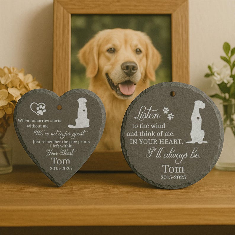 Custom Pet Memorial Stone for Dogs – Engraved Slate Grave Marker with Name, Dates, Quote & Breed Silhouette – Pet Loss Gift for Dog Owners