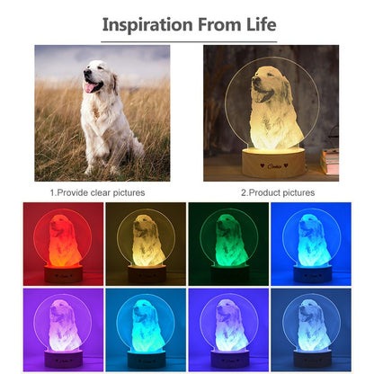 Custom 3D Pet Photo LED Lamp, Engraved Wood Base, Pet Memorial Gift