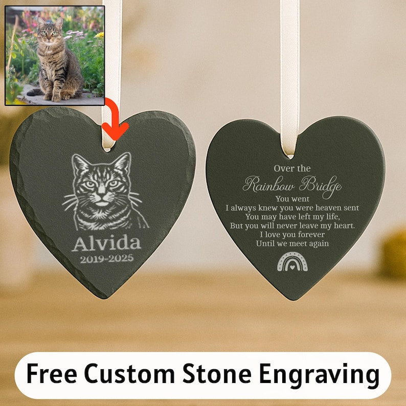 Engraved Pet Memorial Stone Photo Ornament, Personalized Dog or Cat Christmas Ornament, Custom Pet Loss Gift, Remembrance Keepsake for Tree