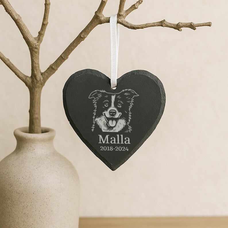 Engraved Pet Memorial Stone Photo Ornament, Personalized Dog or Cat Christmas Ornament, Custom Pet Loss Gift, Remembrance Keepsake for Tree