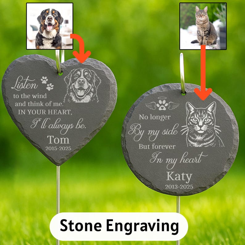 Laser Engraved Pet Memorial Stone – Custom Garden Hanging Plaque with Stake, Personalized Outdoor Dog or Cat Loss Gift, Pet Tribute Keepsake