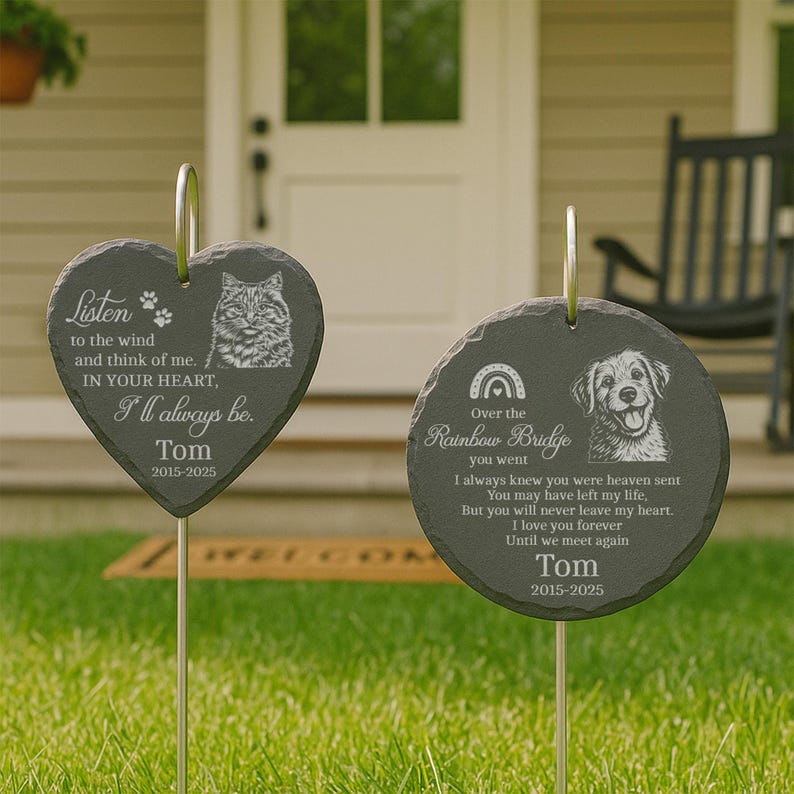 Laser Engraved Pet Memorial Stone – Custom Garden Hanging Plaque with Stake, Personalized Outdoor Dog or Cat Loss Gift, Pet Tribute Keepsake