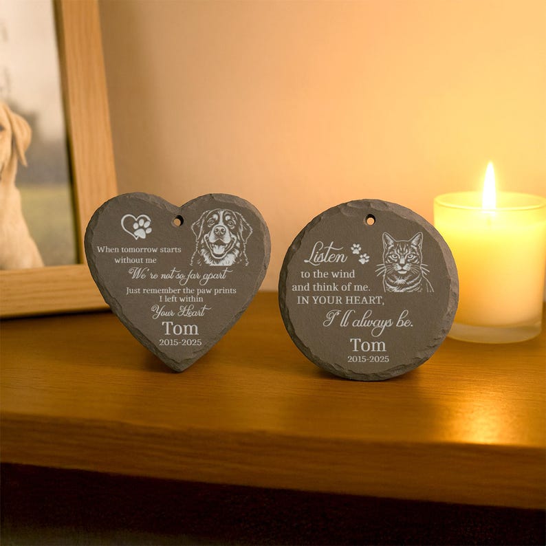 Laser Engraved Pet Memorial Stone – Custom Garden Hanging Plaque with Stake, Personalized Outdoor Dog or Cat Loss Gift, Pet Tribute Keepsake