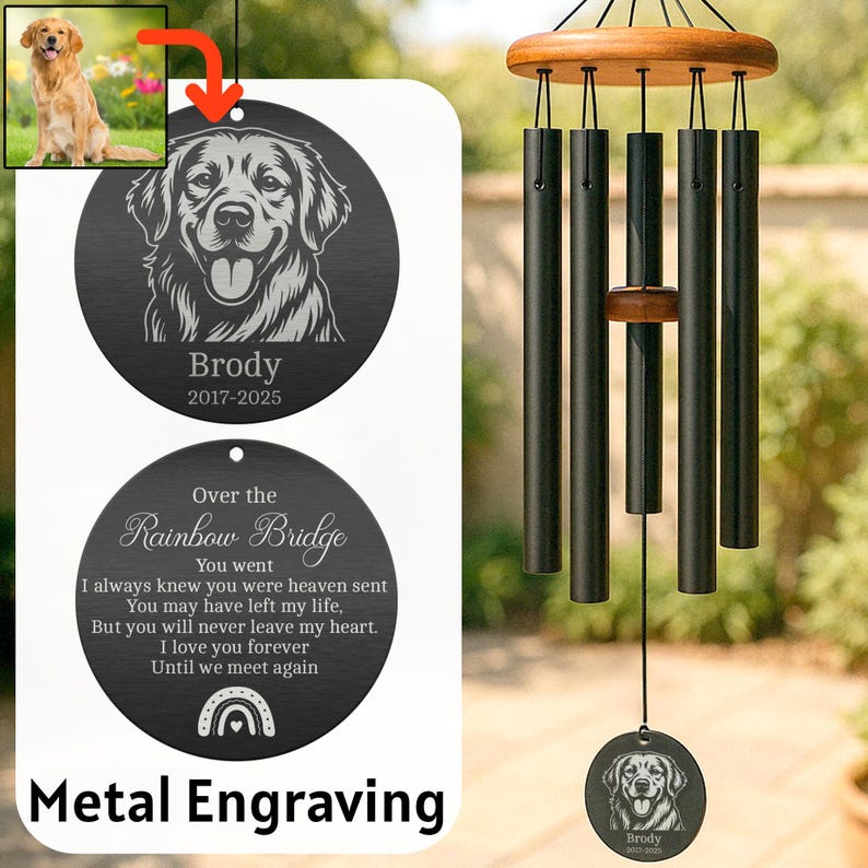 Custom Engraved Pet Memorial Wind Chime, Dog or Cat Loss Gift, Personalized Outdoor Garden Tribute, Sympathy Keepsake for Pet Owners