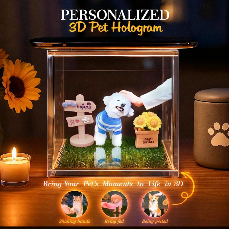 Custom Pet Holographic Digital House with Name and Dates, Personalized Memorial Acrylic Light Display