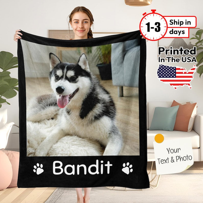 Pet Photo Blanket, Custom Pet Blanket, Pet Photo Name Blanket, Gift for Dog Lovers, Memorial Blanket Christmas Gift, Personalized Blanket